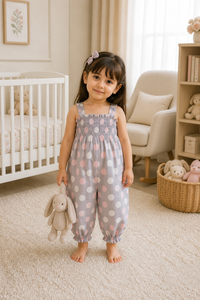 Baby wearing Anaario Blush Dot Smocked grey romper with pink and white polka dots, newborn to 24 months