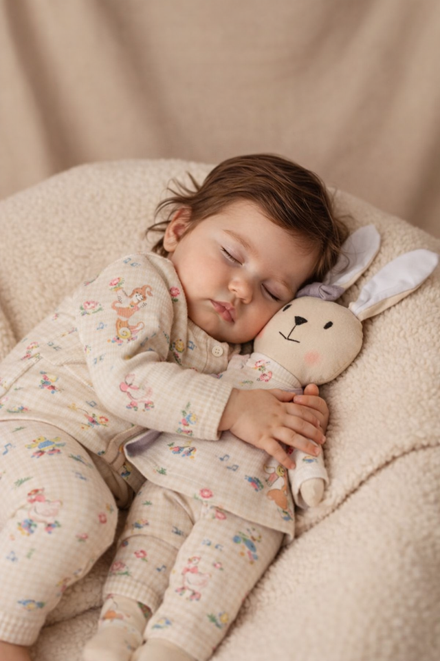 Baby wearing Anaario Ducks and Mouse organic mulmul cotton set, newborn to 24 months