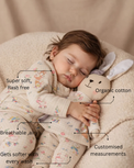 Baby wearing Anaario Ducks and Mouse organic mulmul cotton set, newborn to 24 months