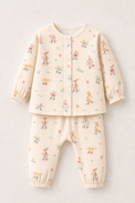 Baby wearing Anaario Ducks and Mouse organic mulmul cotton set, newborn to 24 months
