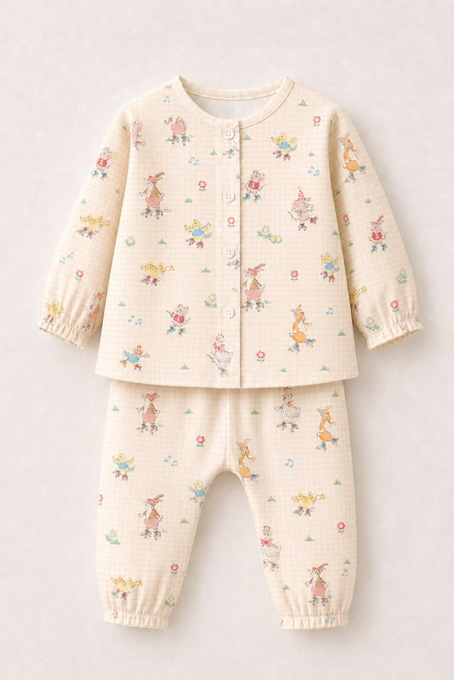 Baby wearing Anaario Ducks and Mouse organic mulmul cotton set, newborn to 24 months