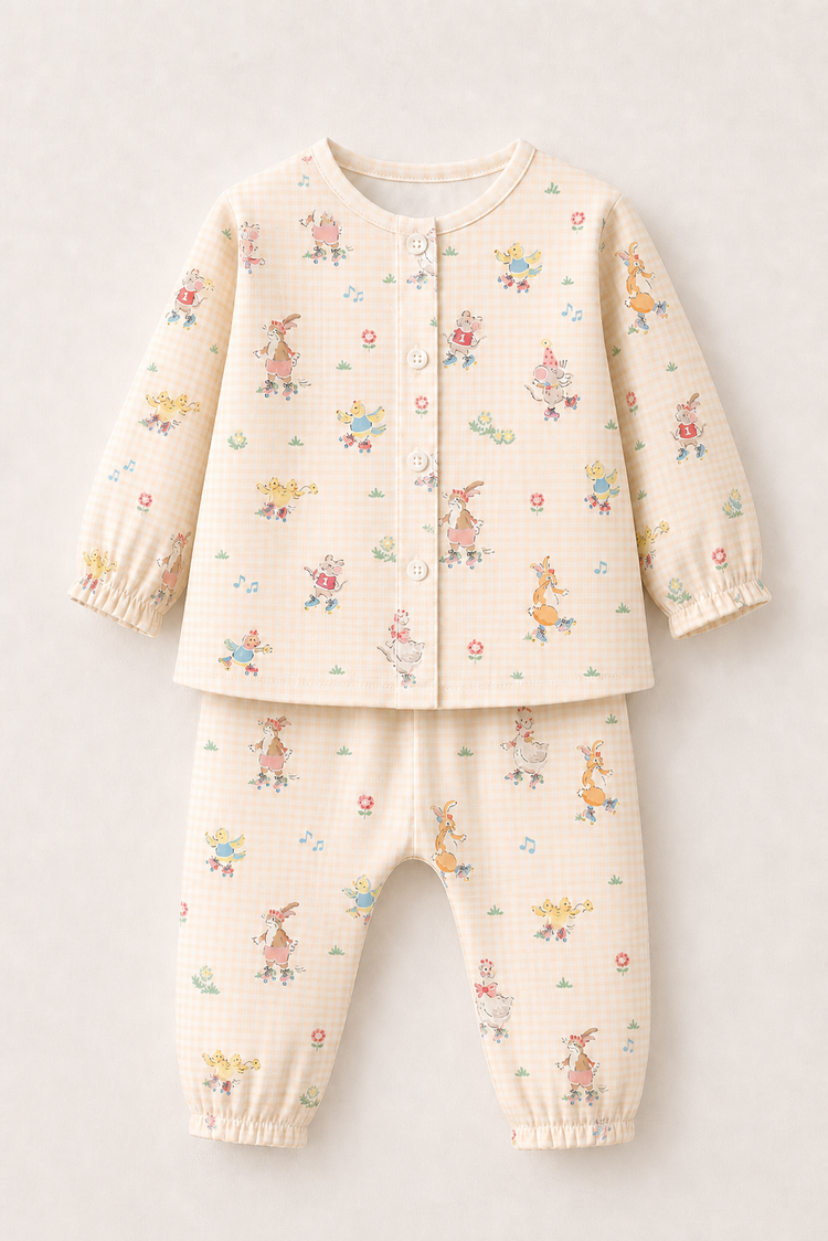 Baby wearing Anaario Ducks and Mouse organic mulmul cotton set, newborn to 24 months