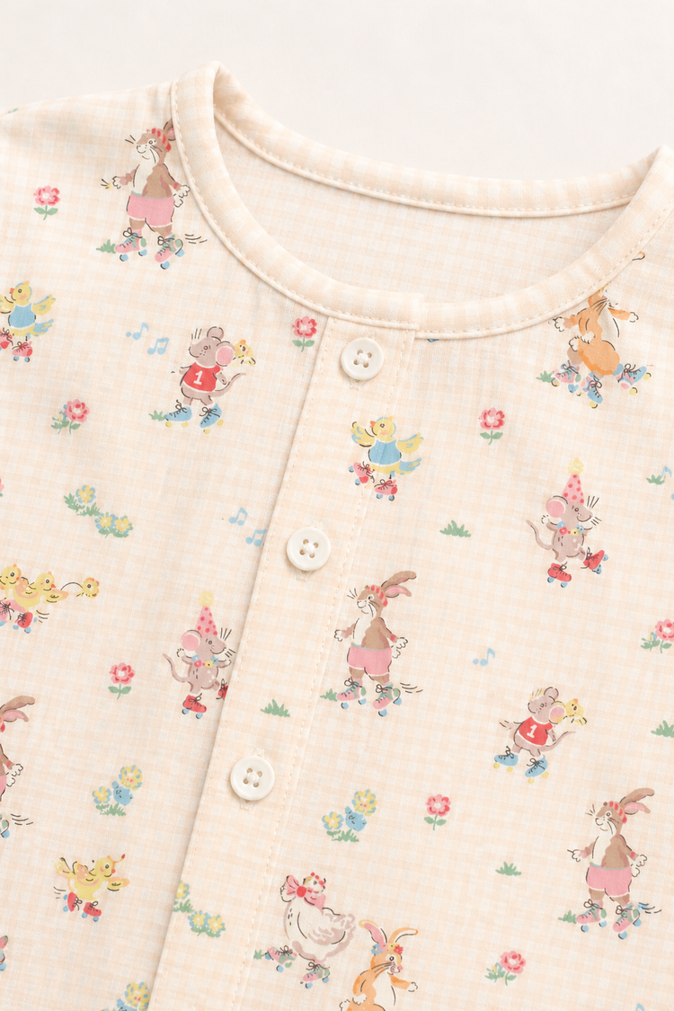 Baby wearing Anaario Ducks and Mouse organic mulmul cotton set, newborn to 24 months