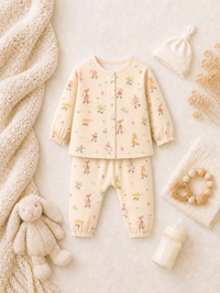 Baby wearing Anaario Ducks and Mouse organic mulmul cotton set, newborn to 24 months