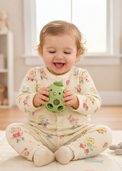 Baby wearing Anaario Ducks and Mouse organic mulmul cotton set, newborn to 24 months