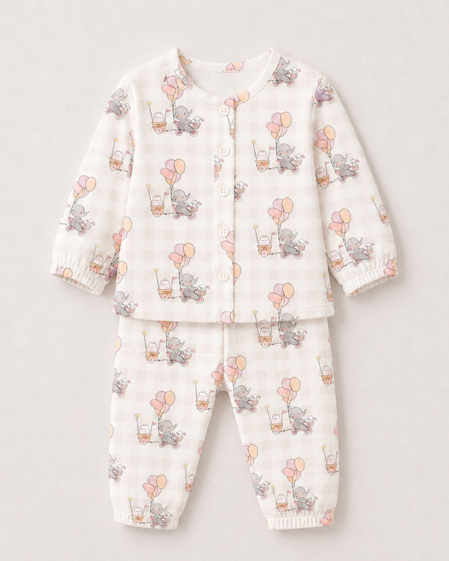 Baby wearing Anaario Elephant and Balloons organic mulmul cotton Blossom Breeze set, newborn to 24 months