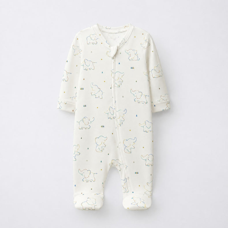 Baby Elephant bamboo cotton baby sleepsuit — full-sleeve two-way zip romper onesie, front