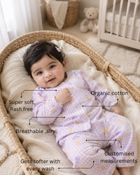 Baby wearing Anaario Giraffe and Balloons organic mulmul cotton Blossom Breeze set, newborn to 24 months