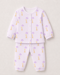 Baby wearing Anaario Giraffe and Balloons organic mulmul cotton Blossom Breeze set, newborn to 24 months