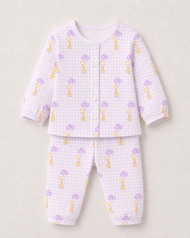 Baby wearing Anaario Giraffe and Balloons organic mulmul cotton Blossom Breeze set, newborn to 24 months