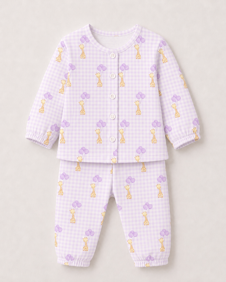 Baby wearing Anaario Giraffe and Balloons organic mulmul cotton Blossom Breeze set, newborn to 24 months