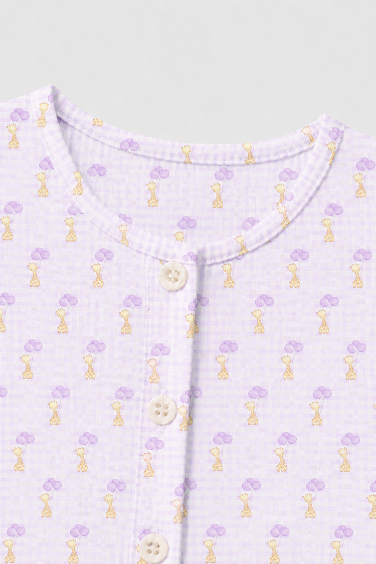 Baby wearing Anaario Giraffe and Balloons organic mulmul cotton Blossom Breeze set, newborn to 24 months