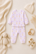 Baby wearing Anaario Giraffe and Balloons organic mulmul cotton Blossom Breeze set, newborn to 24 months