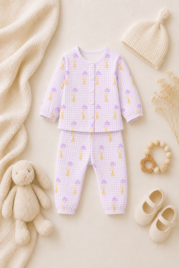 Baby wearing Anaario Giraffe and Balloons organic mulmul cotton Blossom Breeze set, newborn to 24 months