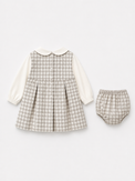 Baby wearing Anaario Grey Blush Tiered grey with pink and white polka dots tiered dress set, newborn to 24 months
