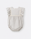 Baby wearing Anaario Grey Gingham Lace Frill Romper with frill sleeves, newborn to 24 months