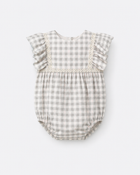 Baby wearing Anaario Grey Gingham Lace Frill Romper with frill sleeves, newborn to 24 months