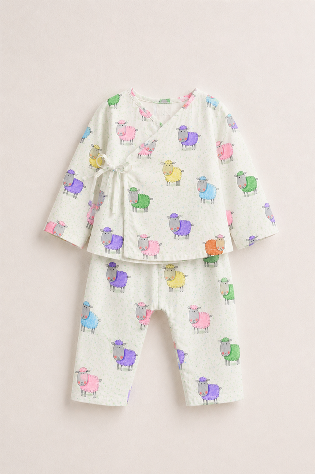 Baby wearing Anaario Colourful Sheep Wrap ivory base co-ord set, newborn to 24 months