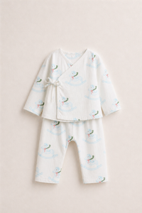 Baby wearing Anaario Rocking Horse Wrap ivory with soft blue rocking horse prints co-ord set, newborn to 24 months