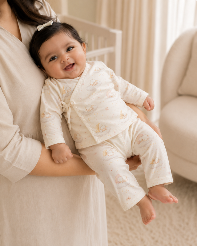 Baby wearing Anaario Dreamy Sheep Wrap ivory with clouds moons rainbows sheep prints co-ord set, newborn to 24 months