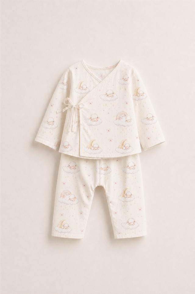 Baby wearing Anaario Dreamy Sheep Wrap ivory with clouds moons rainbows sheep prints co-ord set, newborn to 24 months
