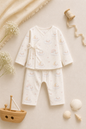 Baby wearing Anaario Dreamy Sheep Wrap ivory with clouds moons rainbows sheep prints co-ord set, newborn to 24 months