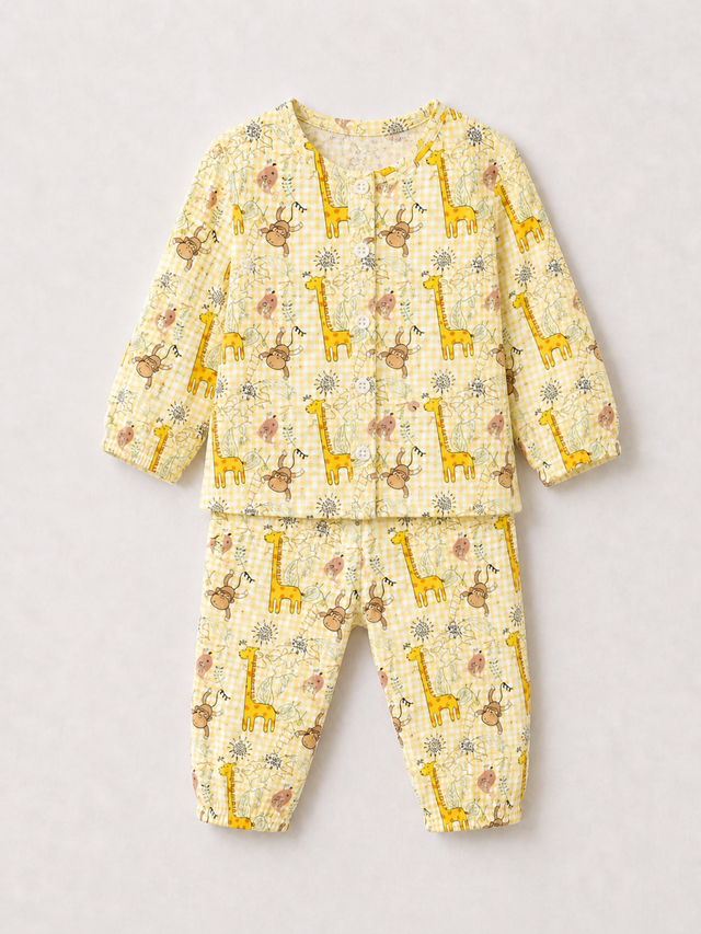 Baby wearing Anaario Jungle Gingham organic mulmul cotton Blossom Breeze set, newborn to 24 months