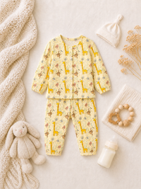 Baby wearing Anaario Jungle Gingham organic mulmul cotton Blossom Breeze set, newborn to 24 months