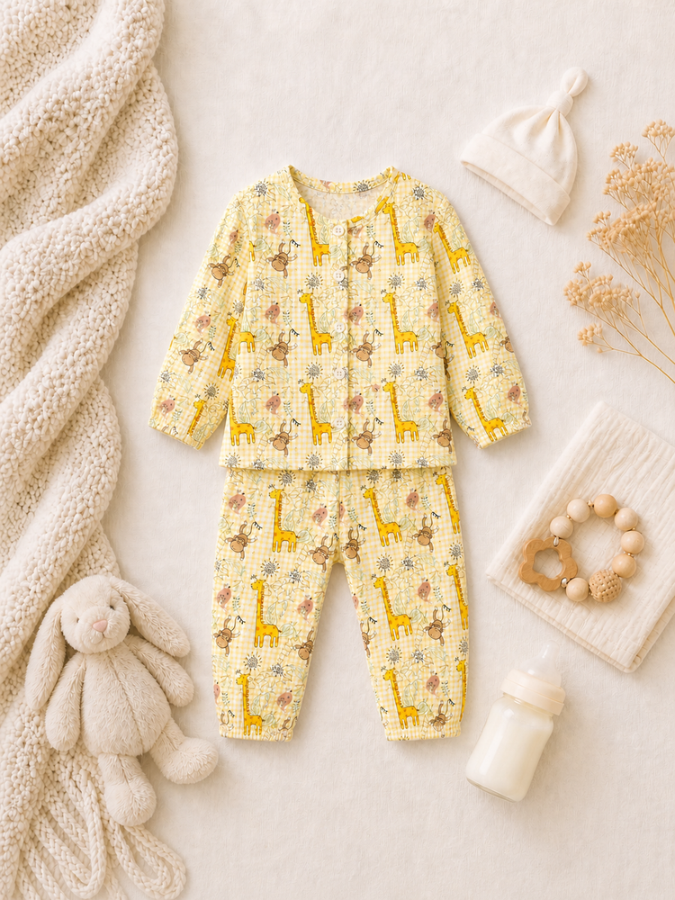 Baby wearing Anaario Jungle Gingham organic mulmul cotton Blossom Breeze set, newborn to 24 months