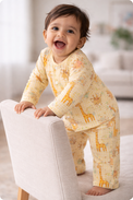 Baby wearing Anaario Jungle Gingham organic mulmul cotton Blossom Breeze set, newborn to 24 months