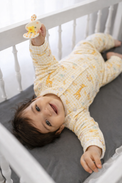 Baby wearing Anaario Jungle Gingham organic mulmul cotton Blossom Breeze set, newborn to 24 months