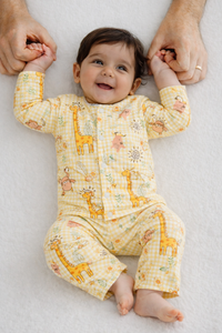 Baby wearing Anaario Jungle Gingham organic mulmul cotton Blossom Breeze set, newborn to 24 months