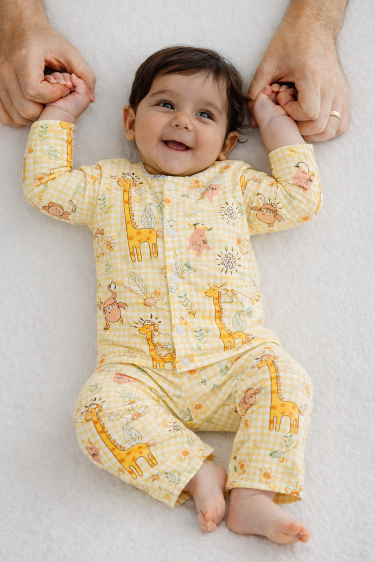 Baby wearing Anaario Jungle Gingham organic mulmul cotton Blossom Breeze set, newborn to 24 months