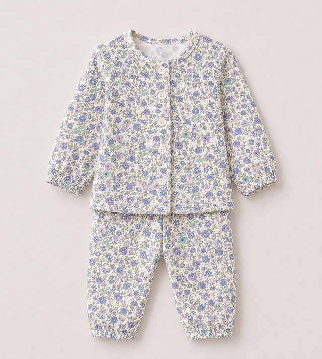 Baby wearing Anaario Lilac Bloom Garden organic mulmul cotton set, newborn to 24 months