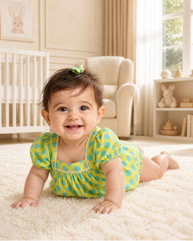 Baby wearing Anaario Lime Polka Dot Puff Sleeve lime green with white polka dots dress set, newborn to 24 months