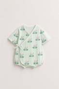 Baby wearing Anaario Mint Car Wrap mint stripes with car prints romper, newborn to 24 months