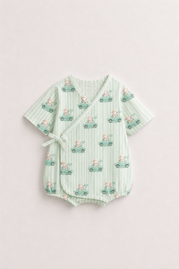 Baby wearing Anaario Mint Car Wrap mint stripes with car prints romper, newborn to 24 months