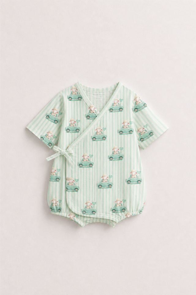 Baby wearing Anaario Mint Car Wrap mint stripes with car prints romper, newborn to 24 months