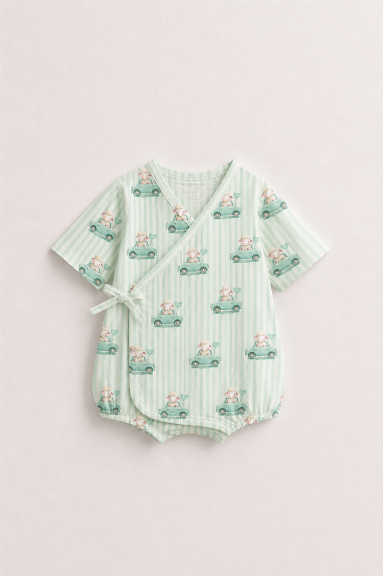 Baby wearing Anaario Mint Car Wrap mint stripes with car prints romper, newborn to 24 months