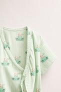Baby wearing Anaario Mint Car Wrap mint stripes with car prints romper, newborn to 24 months