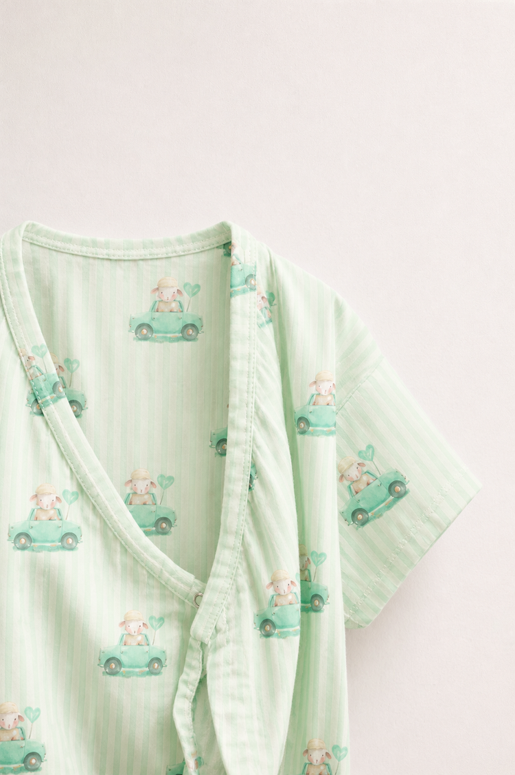 Baby wearing Anaario Mint Car Wrap mint stripes with car prints romper, newborn to 24 months