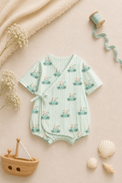 Baby wearing Anaario Mint Car Wrap mint stripes with car prints romper, newborn to 24 months