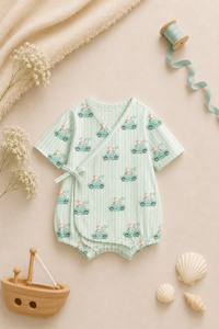 Baby wearing Anaario Mint Car Wrap mint stripes with car prints romper, newborn to 24 months