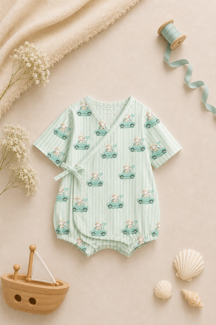Baby wearing Anaario Mint Car Wrap mint stripes with car prints romper, newborn to 24 months