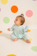 Baby wearing Anaario Mint Green Stripes organic mulmul cotton Blossom Breeze set, newborn to 24 months
