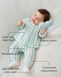 Baby wearing Anaario Mint Green Stripes organic mulmul cotton Blossom Breeze set, newborn to 24 months