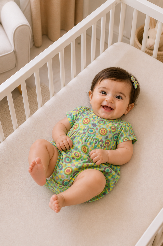 Baby wearing Anaario Multicolour Circle Print Bubble mint base romper, newborn to 24 months