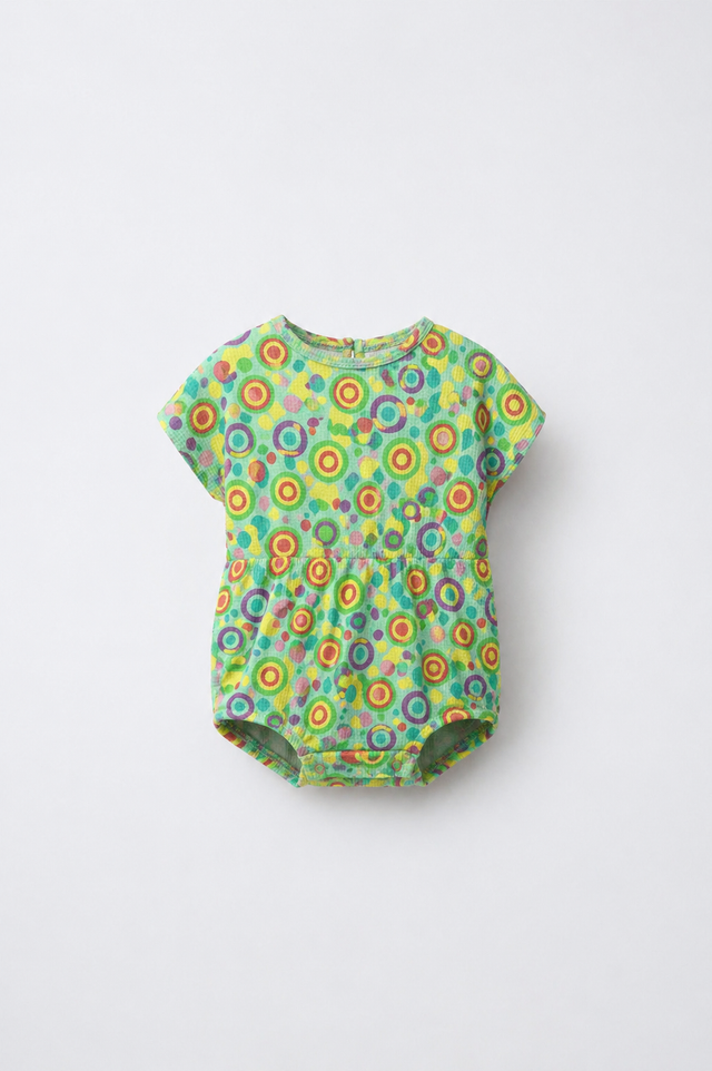 Baby wearing Anaario Multicolour Circle Print Bubble mint base romper, newborn to 24 months