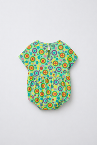 Baby wearing Anaario Multicolour Circle Print Bubble mint base romper, newborn to 24 months