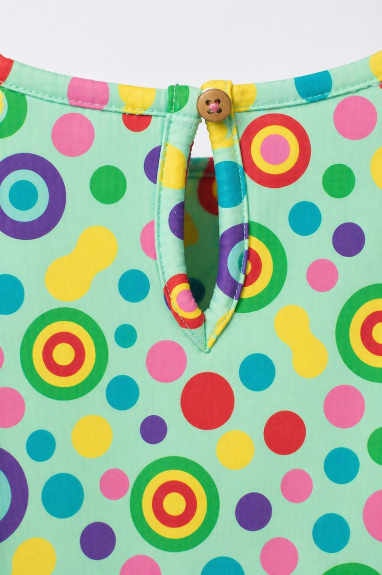 Baby wearing Anaario Multicolour Circle Print Bubble mint base romper, newborn to 24 months